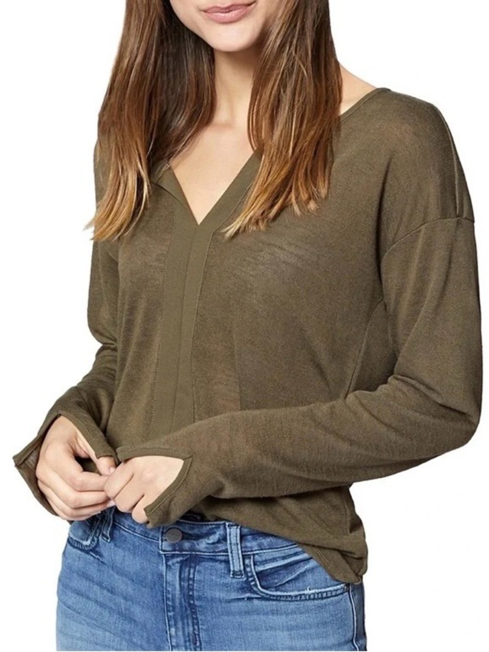 SANCTUARY Hanna Split Neck Long Sleeve Knit Sweater Top Olive 1X